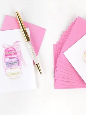 STACK OF MACARONS BOXED BLANK NOTE CARDS WITH GLITTER & ENVELOPES, 14-COUNT NWT